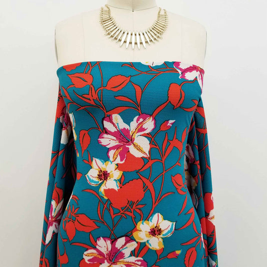 P-665-586-PEACOCK-FUCHSIA - PRINTED CREPE CHIFFON 97% POLY 3% SPANDEX