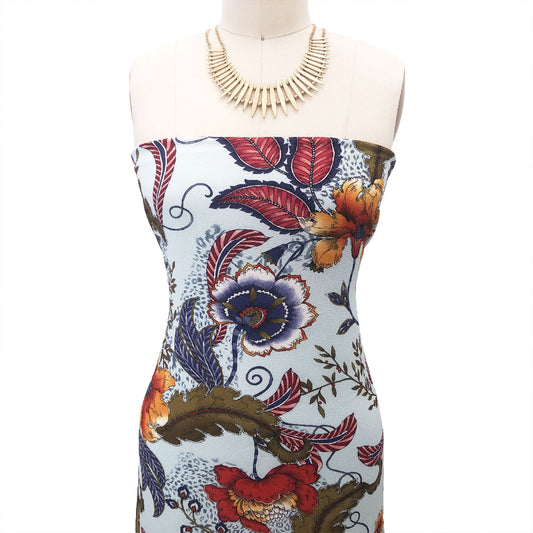 P-690-586-PALE-BLUE-BURNT-ORANGE - PRINTED CREPE CHIFFON 97% POLY 3% SPANDEX