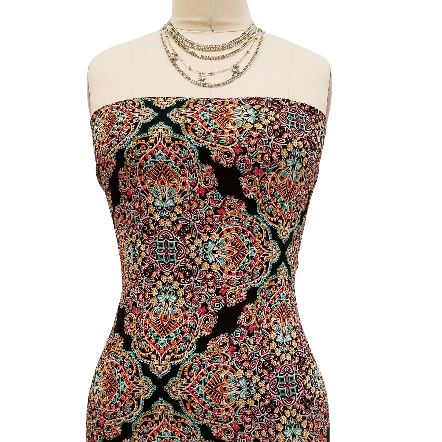 PD-142-586-BLACK-TEAL - DOUBLE BORDER CREPE CHIFFON 97% POLY 3% SPANDEX