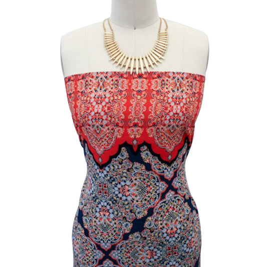 PD-142-586-INDIGO-TERRACOTTA - DOUBLE BORDER CREPE CHIFFON 97% POLY 3% SPANDEX