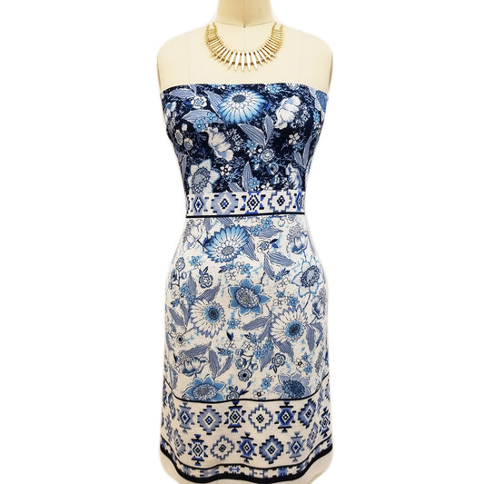 PD-310-586-OFFWHITE-BLUE - DOUBLE BORDER CREPE CHIFFON 97% POLY 3% SPANDEX