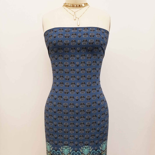 PD-390-586-TEAL-DENIM-TURQUOISE - DOUBLE BORDER. CREPE CHIFFON 97% POLY 3% SPANDEX