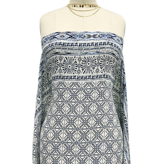 PD-58-586-OFFWHITE-DENIM - DOUBLE BORDER CREPE CHIFFON 97% POLY 3% SPANDEX