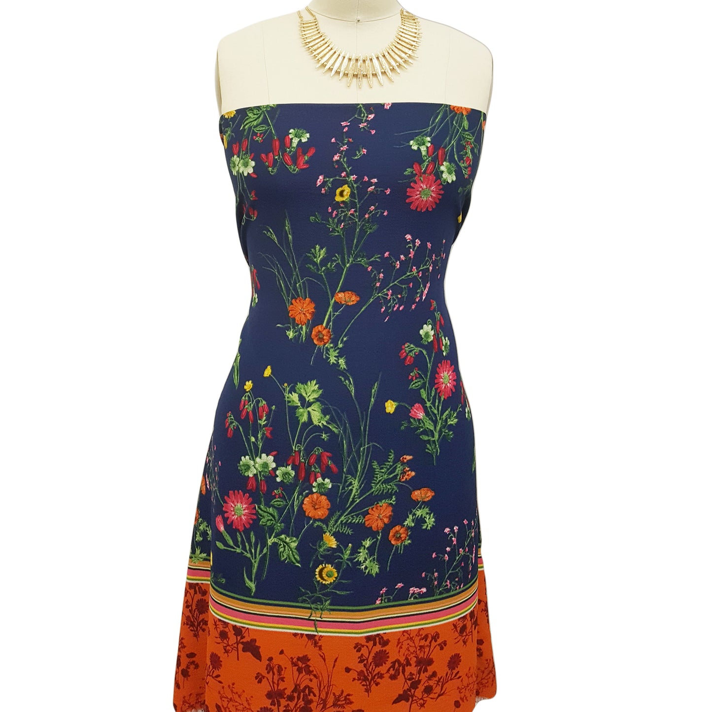 PD-707-586-NAVY-BURNT-ORANGE - DOUBLE BORDER CREPE CHIFFON 97% POLY 3% SPANDEX
