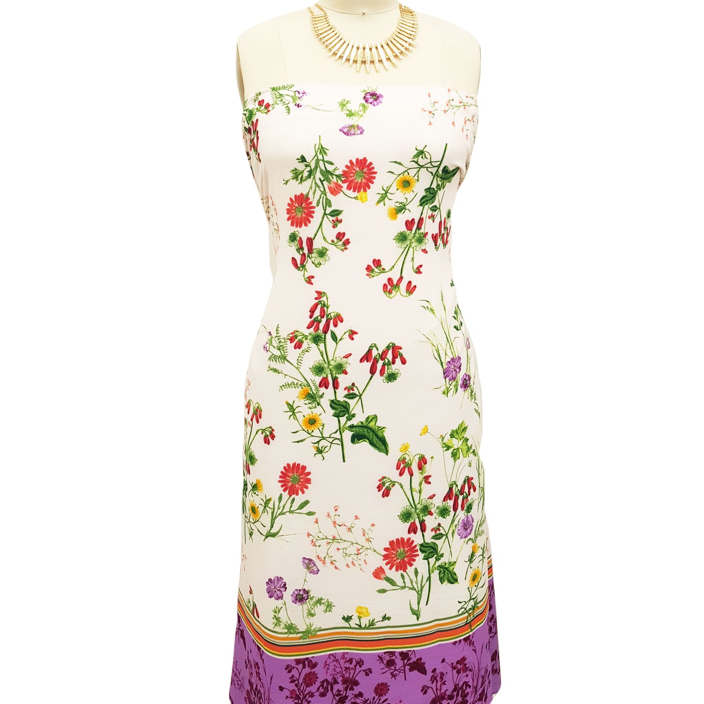 PD-707-586-OFFWHITE-VIOLET - DOUBLE BORDER CREPE CHIFFON 97% POLY 3% SPANDEX