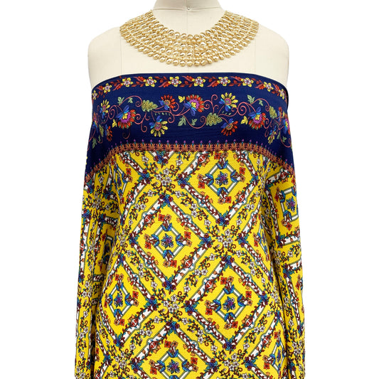PD-711-586-GOLDEN-MUSTARD-NAVY - DOUBLE BORDER CREPE CHIFFON 97% POLY 3% SPANDEX