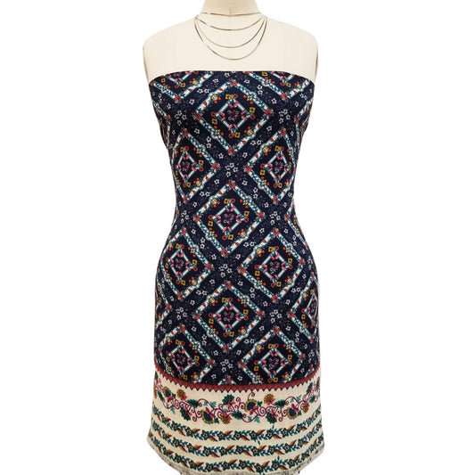 PD-711-586-NAVY-ECRU - DOUBLE BORDER CREPE CHIFFON 97% POLY 3% SPANDEX