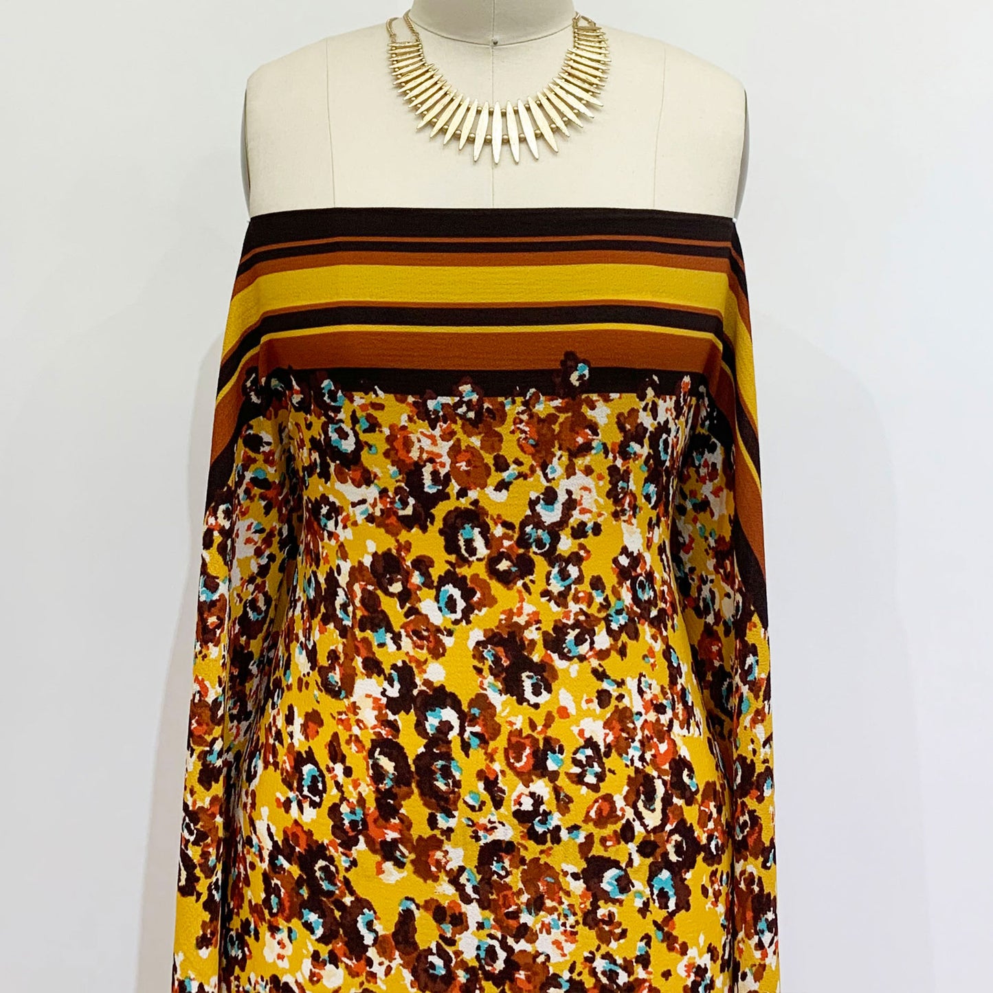PD-797-586-GOLDEN-MUSTARD-AQUA - DOUBLE BORDER. CREPE CHIFFON 97% POLY 3% SPANDEX