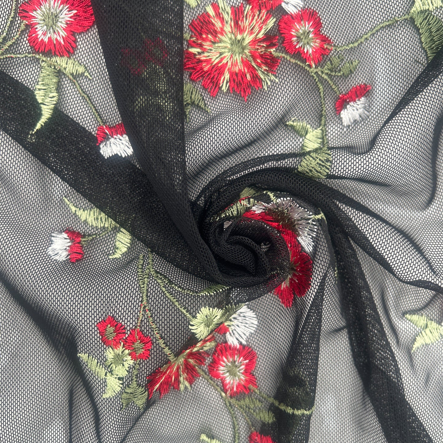 EB-416-MESH-BLACK-RED - EMB MESH 100% NYLON, YARN 100% POLY