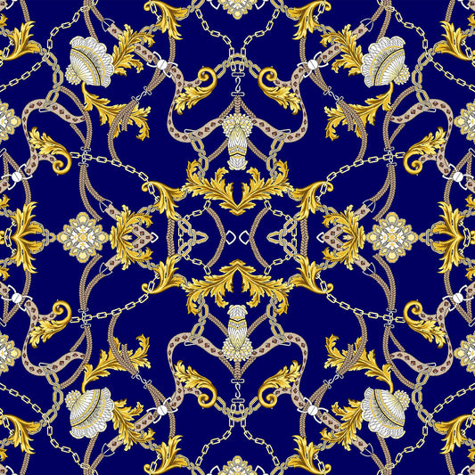 DP-1019-703-NAVY-GOLD - PRINTED TWIST CREPE 92% POLY 8% SPANDEX