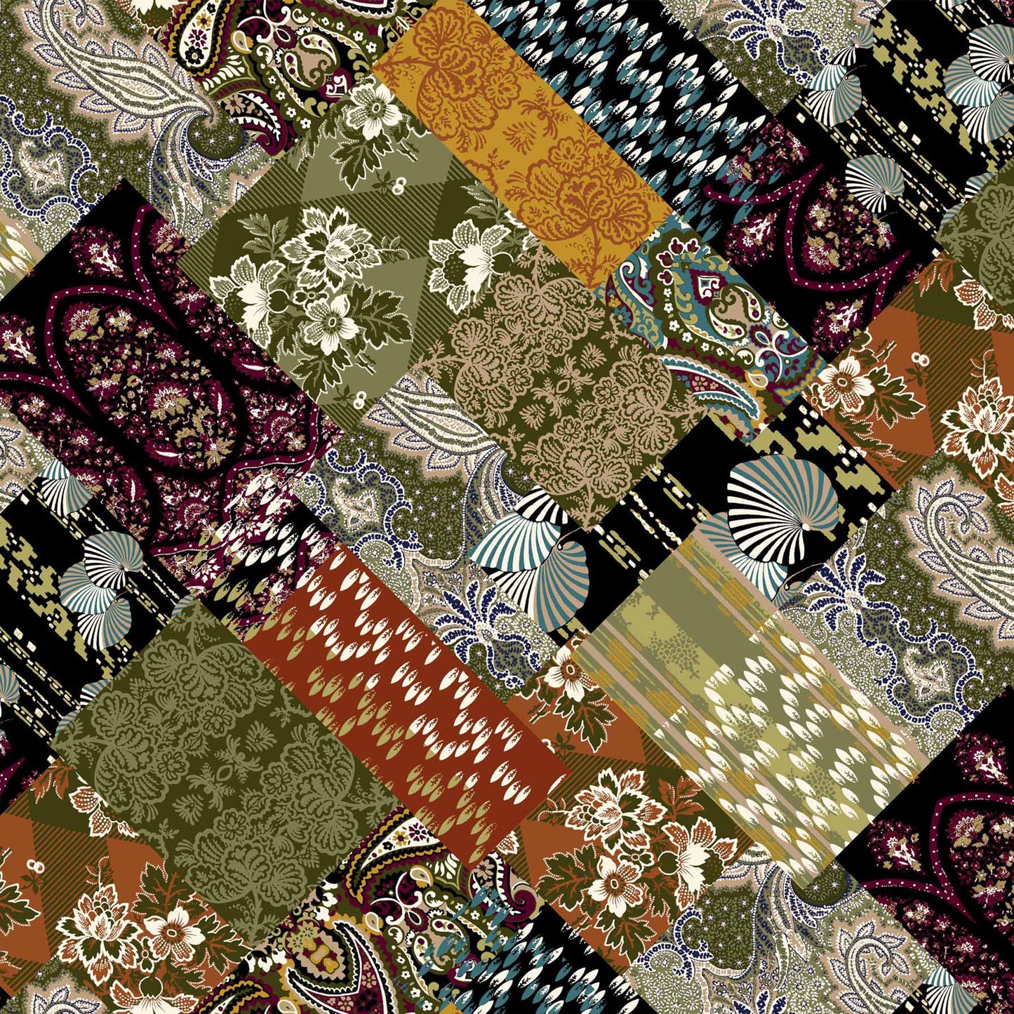 DP-1021-754-OLIVE-RUST-TURQUOISE - PRINTED POLY MOROCCAN 100% POLY