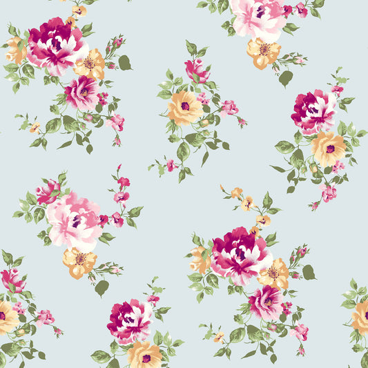 DP-112-B-586-PALE-BLUE-PEACH - PRINTED CREPE CHIFFON 97% POLY 3% SPANDEX