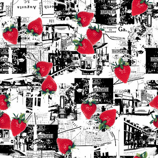 DP-1248-506-BLACK-STRAWBERRY-PRINTED FRENCH TERRY 63%POLY  33%RAYON  4% SPANDEX