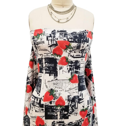 DP-1248-506-BLACK-STRAWBERRY-PRINTED FRENCH TERRY 63%POLY  33%RAYON  4% SPANDEX