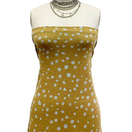 DP-1328-506-HONEY-MUSTARD-HEATHER-GREY-PRINTED FRENCH TERRY 63%POLY  33%RAYON  4% SPANDEX