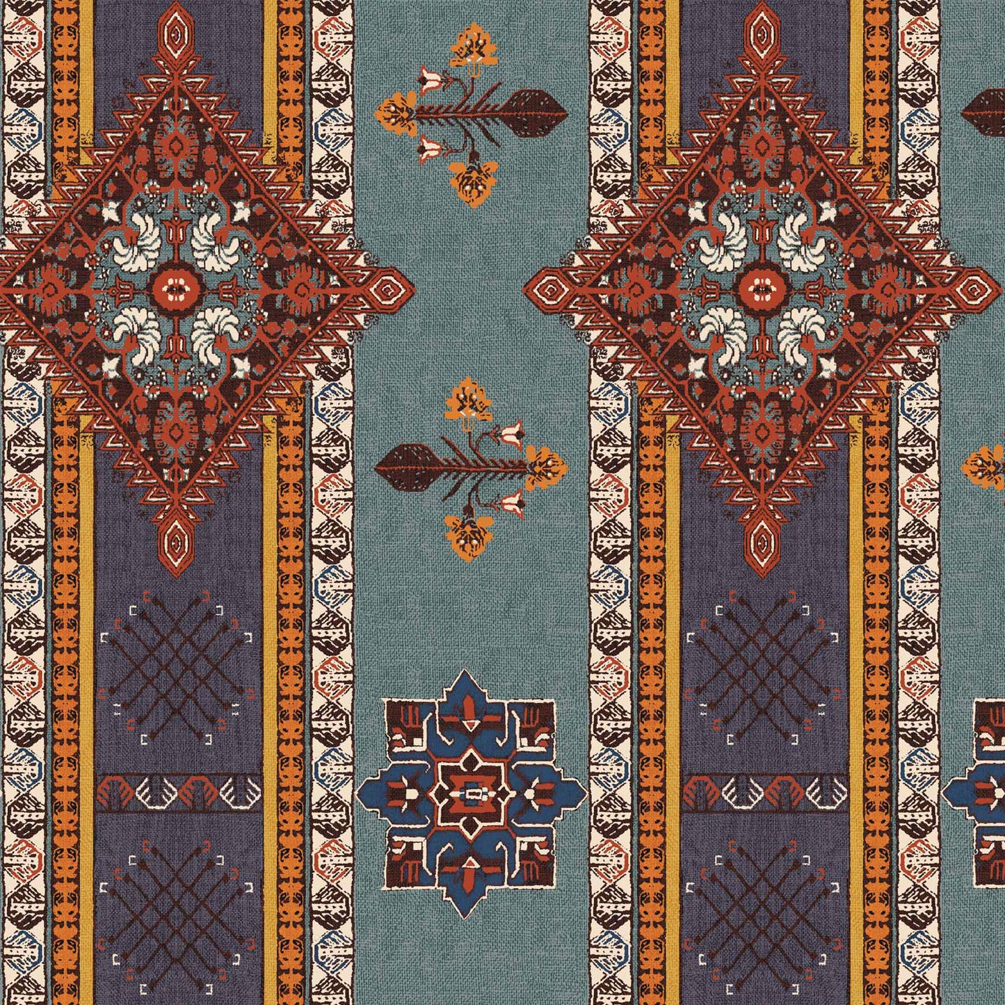 DP-1345-688-TEAL-INDIGO-RUST - PRINTED LINEN LOOK 100% POLYESTER