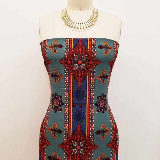 DP-1345-688-TEAL-INDIGO-RUST - PRINTED LINEN LOOK 100% POLYESTER