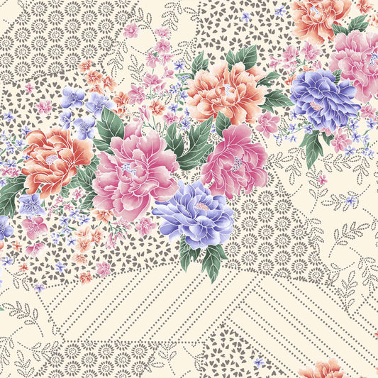 DP-1383-754-ECRU-BLUE-IRIS - PRINTED POLY MOROCCAN 100% POLY