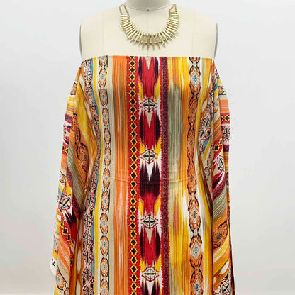 DP-1411-698-DK-CHOCO-RED-MUSTARD- PRINTED RAYON CHALLIS 100% RAYON CHALLIS