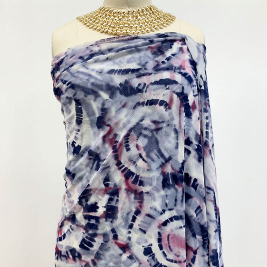 DP-1478-453-NAVY-DENIM-MAUVE - PRINTED POLY POWER MESH 92%POLY 8%SPANDEX