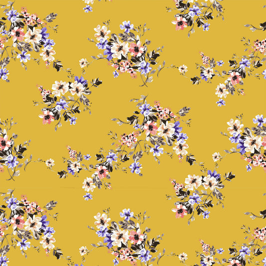 DP-1496-506-SPICY-MUSTARD-BLUE-IRIS-PRINTED FRENCH TERRY 63%POLY  33%RAYON  4% SPANDEX