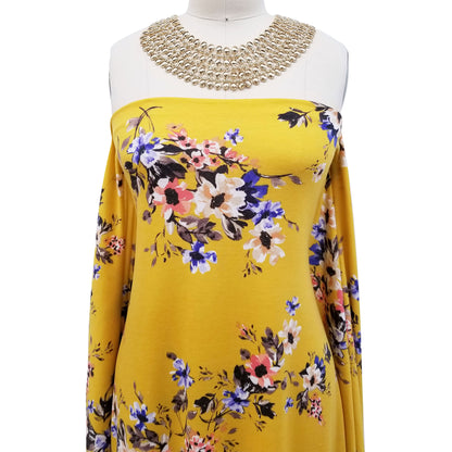 DP-1496-506-SPICY-MUSTARD-BLUE-IRIS-PRINTED FRENCH TERRY 63%POLY  33%RAYON  4% SPANDEX