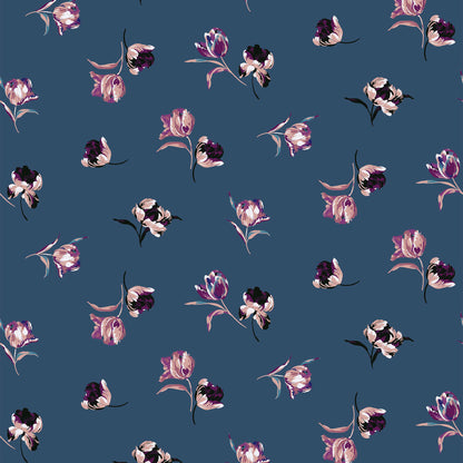 P-10006-586-DENIM-STEEL-PEACH - PRINTED CREPE CHIFFON 97% POLY 3% SPANDEX