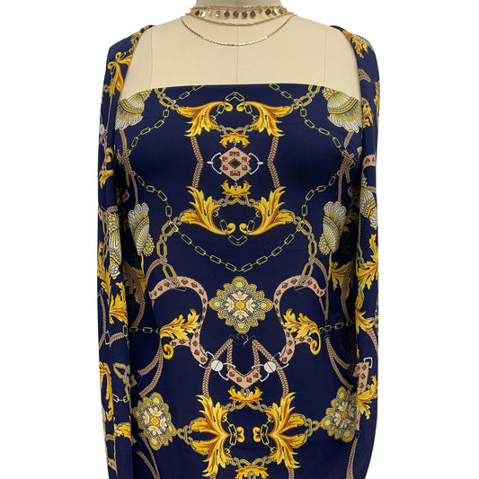 P-1019-504-NAVY-GOLD - PRINTED WOOL DOBBY 100% POLYESTER