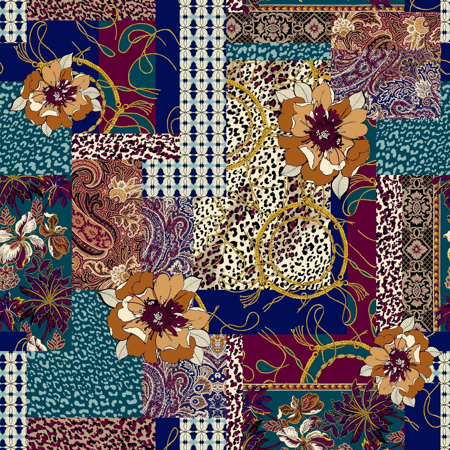 P-1022-754-INDIGO-TEAL-BURNT-ORANGE - PRINTED POLY MOROCCAN 100% POLY