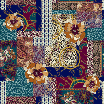 P-1022-754-INDIGO-TEAL-BURNT-ORANGE - PRINTED POLY MOROCCAN 100% POLY