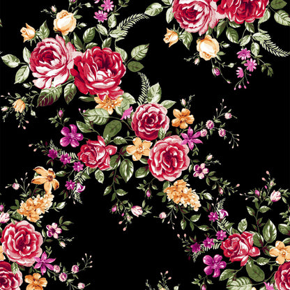 P-1086-504-BLACK-HOT-CORAL - PRINTED WOOL DOBBY 100% POLYESTER