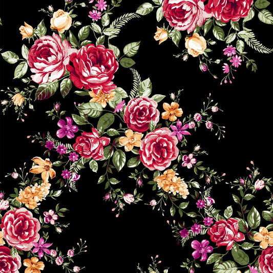 P-1086-504-BLACK-HOT-CORAL - PRINTED WOOL DOBBY 100% POLYESTER