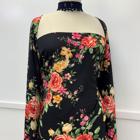 P-1086-504-BLACK-HOT-CORAL - PRINTED WOOL DOBBY 100% POLYESTER