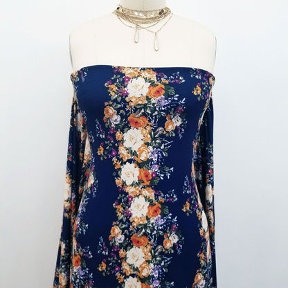 P-109-703-NAVY-MUSTARD - PRINTED TWIST CREPE 92% POLY 8% SPANDEX