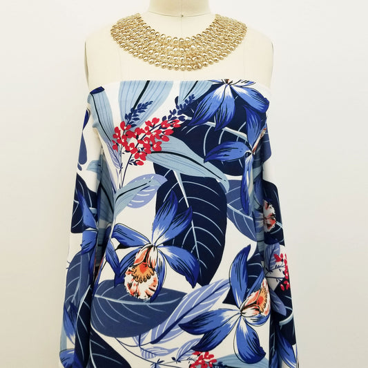 P-1108-702-OFFWHITE-BLUE - PRINTED SCUBA CREPE 97% POLY 3% SPANDEX