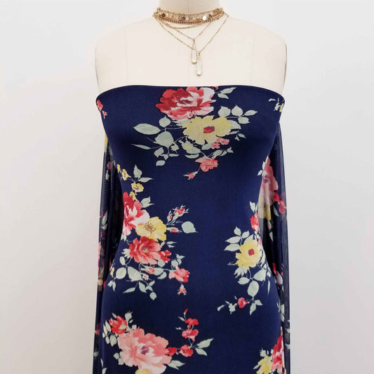 P-112-453-NAVY-CORAL - PRINTED POLY POWER MESH 92%POLY 8%SPANDEX