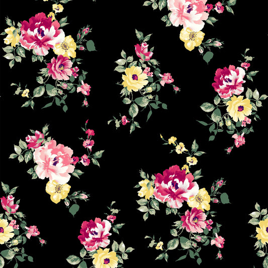 P-112-586-B-BLACK-WATERMELON - PRINTED CREPE CHIFFON 97% POLY 3% SPANDEX