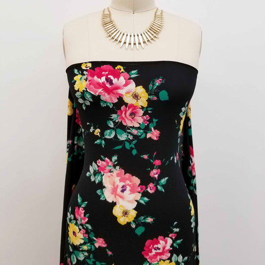 P-112-586-B-BLACK-WATERMELON - PRINTED CREPE CHIFFON 97% POLY 3% SPANDEX
