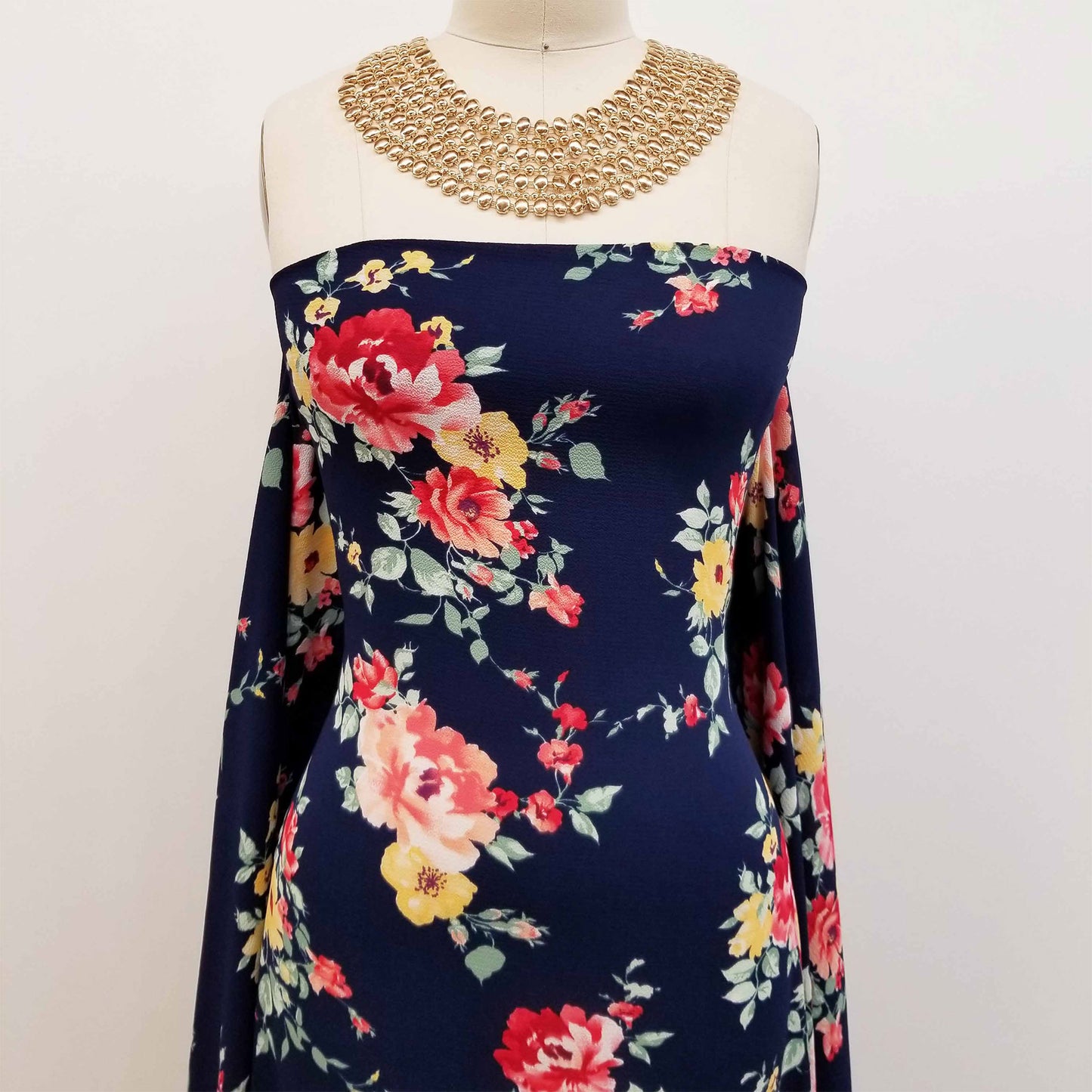 P-112-586-B-NAVY-CORAL - PRINTED CREPE CHIFFON 97% POLY 3% SPANDEX