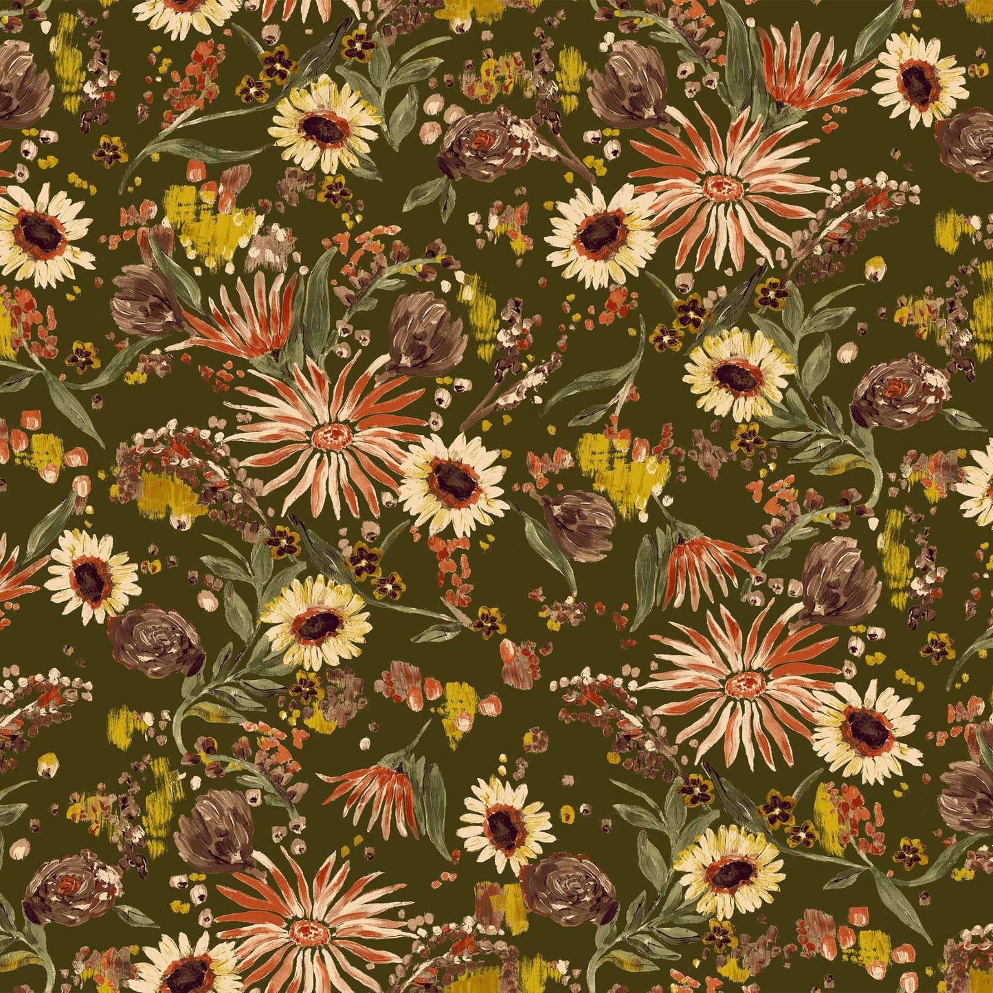 P-1187-756-HC-OLIVE-RUST-GOLD - PRINTED HACCI BRUSHED 97% POLY 3% SPANDEX