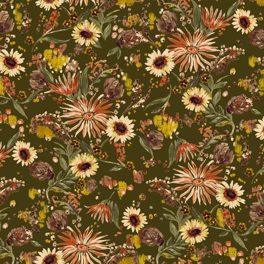 P-1187-756-HC-OLIVE-RUST-GOLD - PRINTED HACCI BRUSHED 97% POLY 3% SPANDEX