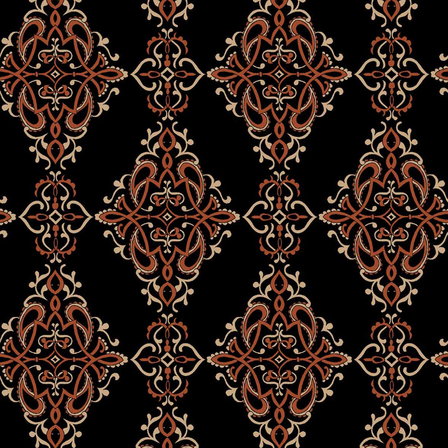 P-1241-754-BLACK-ORANGE-RUST - PRINTED POLY MOROCCAN 100% POLY