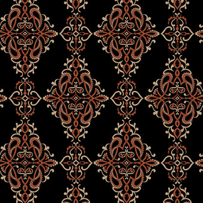 P-1241-754-BLACK-ORANGE-RUST - PRINTED POLY MOROCCAN 100% POLY