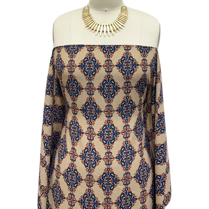 P-1241-754-CAMEL-BLUE - PRINTED POLY MOROCCAN 100% POLY
