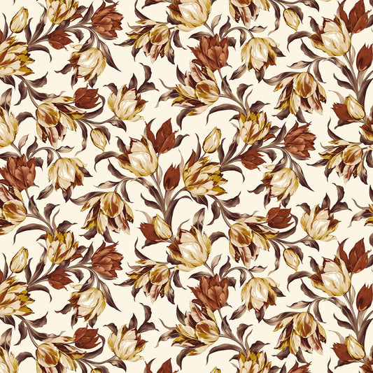 P-1343-754-ECRU-RUST-MUSTARD - PRINTED POLY MOROCCAN 100% POLY