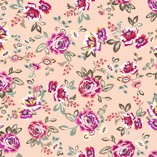 P-1435-702-PEACH-CORAL-YELLOW - PRINTED SCUBA CREPE 97% POLY 3% SPANDEX