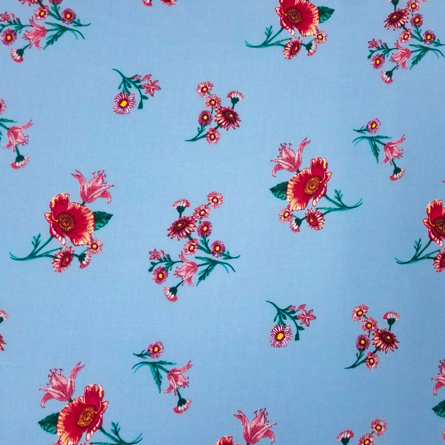 P-1650-698-SKY-BLUE-RED- PRINTED RAYON CHALLIS 100% RAYON CHALLIS