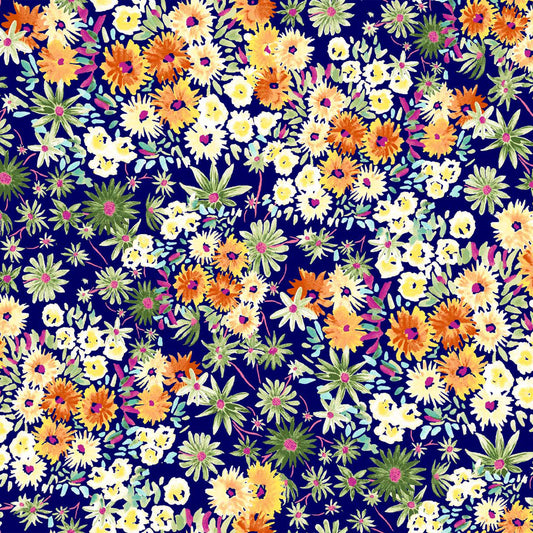 P-1759-586-NAVY-YELLOW - PRINTED CREPE CHIFFON 97% POLY 3% SPANDEX