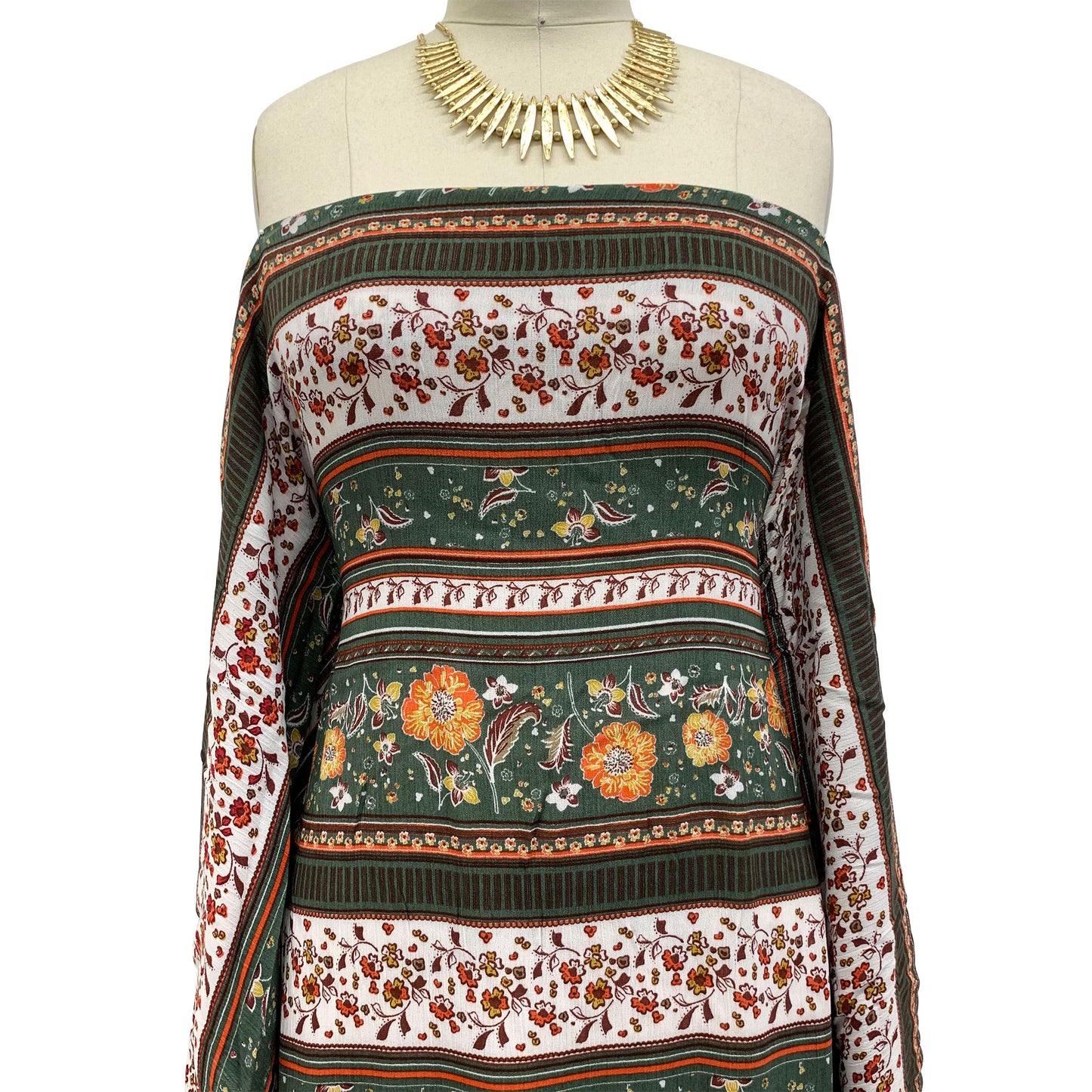 P-176-636-ARMYGREEN-ORANGE - PRINTED CREPON 100% RAYON CREPON