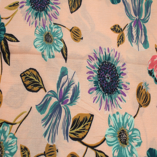 P-1790-636-BISQUE-TURQUOISE PRINTED CREPON 100% RAYON CREPON
